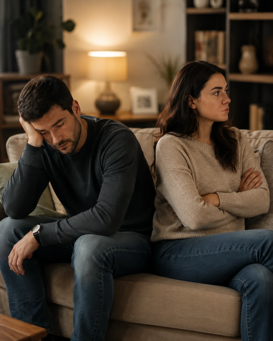 Casal em discussão silenciosa no sofá